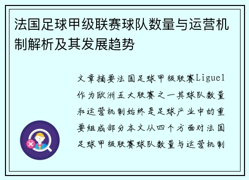法国足球甲级联赛球队数量与运营机制解析及其发展趋势
