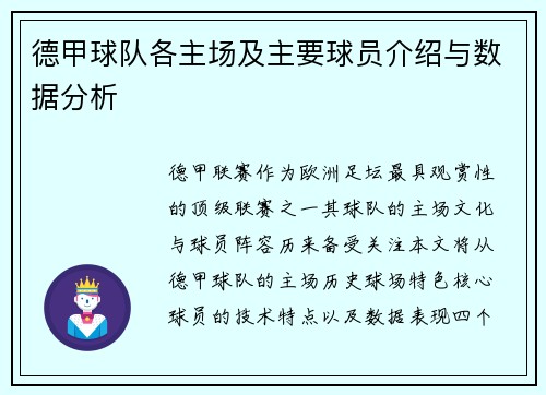 德甲球队各主场及主要球员介绍与数据分析