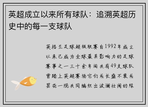 英超成立以来所有球队：追溯英超历史中的每一支球队