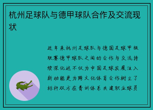 杭州足球队与德甲球队合作及交流现状